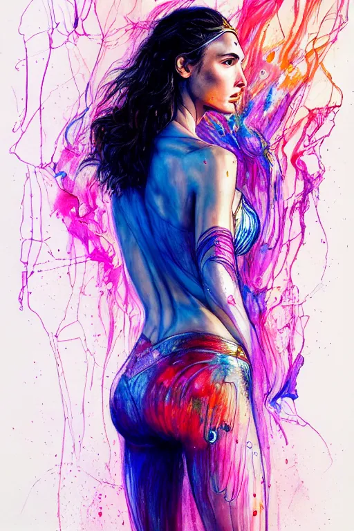 Image similar to gal gadot by agnes cecile enki bilal moebius, intricated details, 3 / 4 back view, full body portrait, extremely luminous bright design, pastel colours, drips, autumn lights