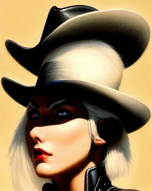 Image similar to ashe from overwatch, white hair, black cowboy hat, character portrait, portrait, close up, highly detailed, intricate detail, amazing detail, sharp focus, vintage fantasy art, vintage sci - fi art, radiant light, caustics, by boris vallejo