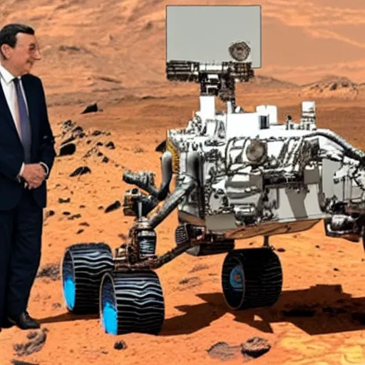 Image similar to Mario Draghi visiting mars with Dr. Manhattan,the curiosity rover is visible in the background