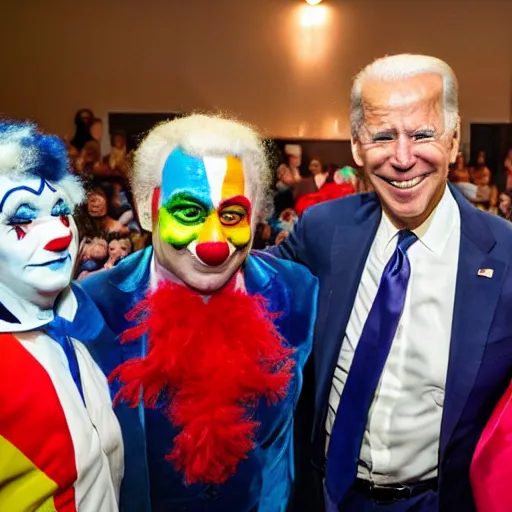 Image similar to A grand circus with Joe Biden in the middle wearing clown costume and colorful clown makeup