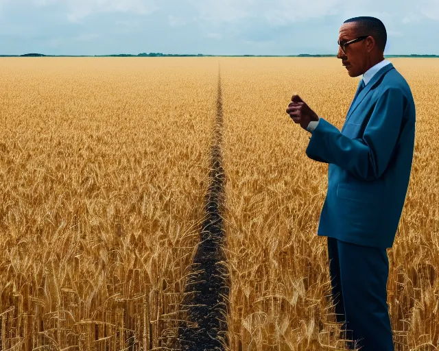 Image similar to walter white and gustavo fring facing each other in a wheat field, long shot, side view, 3 5 mm photograph, 8 k resolution, wide shot, sharp lens