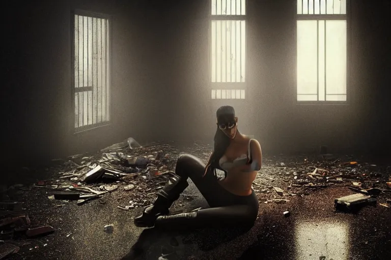 Image similar to photo still of kim kardashian as a cop inside a derelict apartment, glowing walkie talkie, realistic, wide shot, symmetrical, highly detailed, digital photo, instagram, hyper realistic, smooth, sharp focus, illustration, cinematic lighting, art by artgerm and greg rutkowski and alphonse mucha