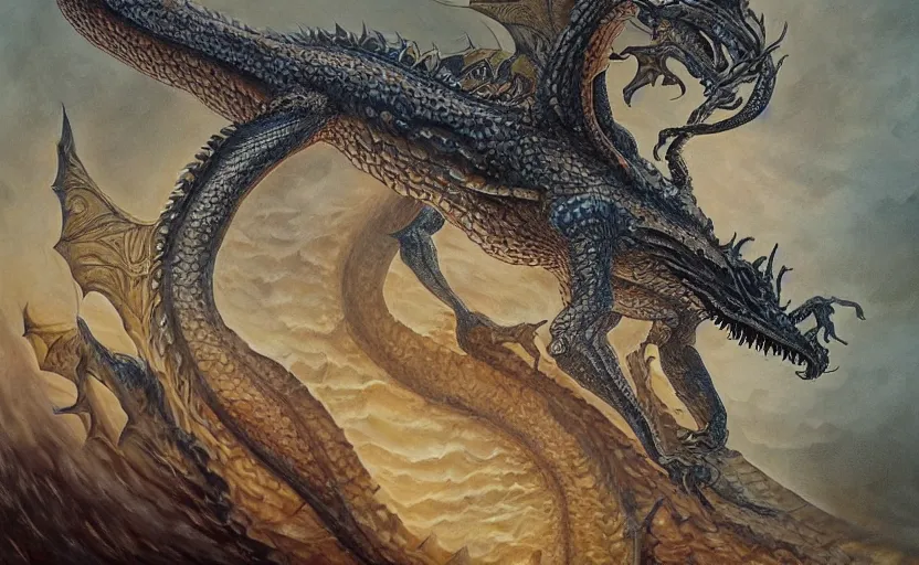 Image similar to a close up of a painting of a dragon, an ultrafine detailed painting by John Howe, by György Vastagh, by Jeffrey Smith, behance contest winner, space art, lovecraftian, cosmic horror, biomorphic