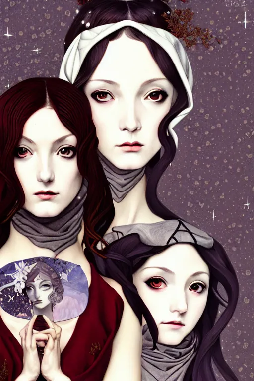 Prompt: 3 winter muses, triad of december, january and february, style mix of æon flux, shepard fairey, botticelli, john singer sargent, pre - raphaelites, shoujo manga, harajuku fashion, stark landscape, muted dark colors, superfine inklines, ethereal, 4 k photorealistic, arnold render