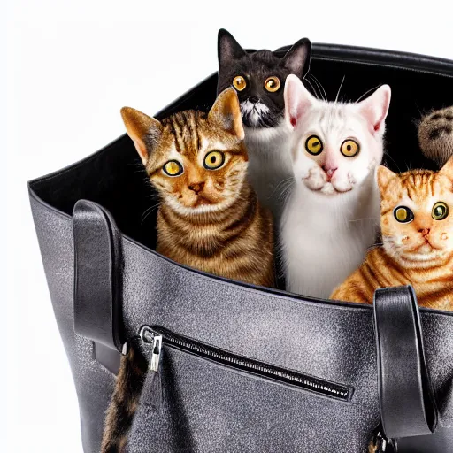 Prompt: a highly detailed photo of multiple furry cats, they are inside a big handbag, black background, studio lighting, 4 k, 8 k