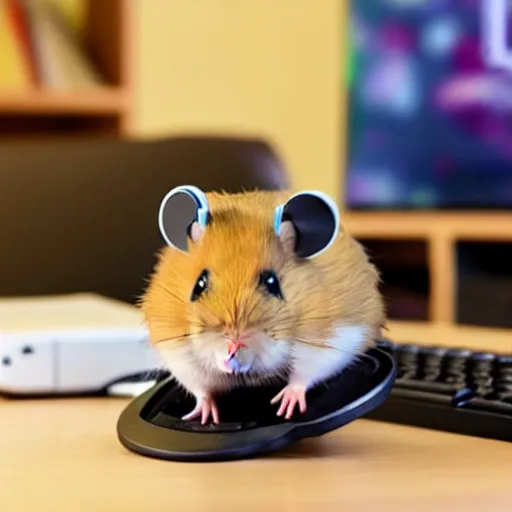 Prompt: hamster playing computer. hamster in gaming headphones. hamster sitting on gaming chair. beside view.