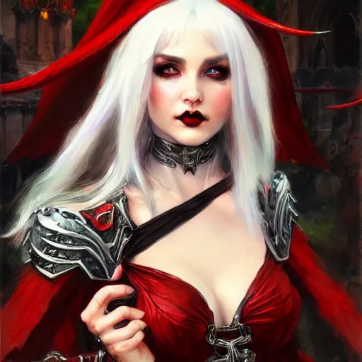 Image similar to Gothic elf princess in red dragon armor by Konstantin Razumov, face close up