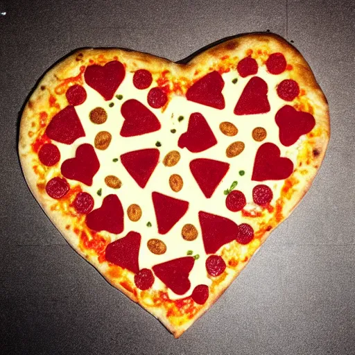 Prompt: heart pizza with bones on it. hyperdetailed photorealism