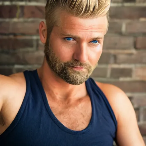 Image similar to close up of face of good looking 4 0 year old slavic blond man with blond stubble, very short wavy blond hair in a short pompadour style, very dark blue eyes, wearing a tank top, hairy shoulders, hairy chest, portrait, 4 k