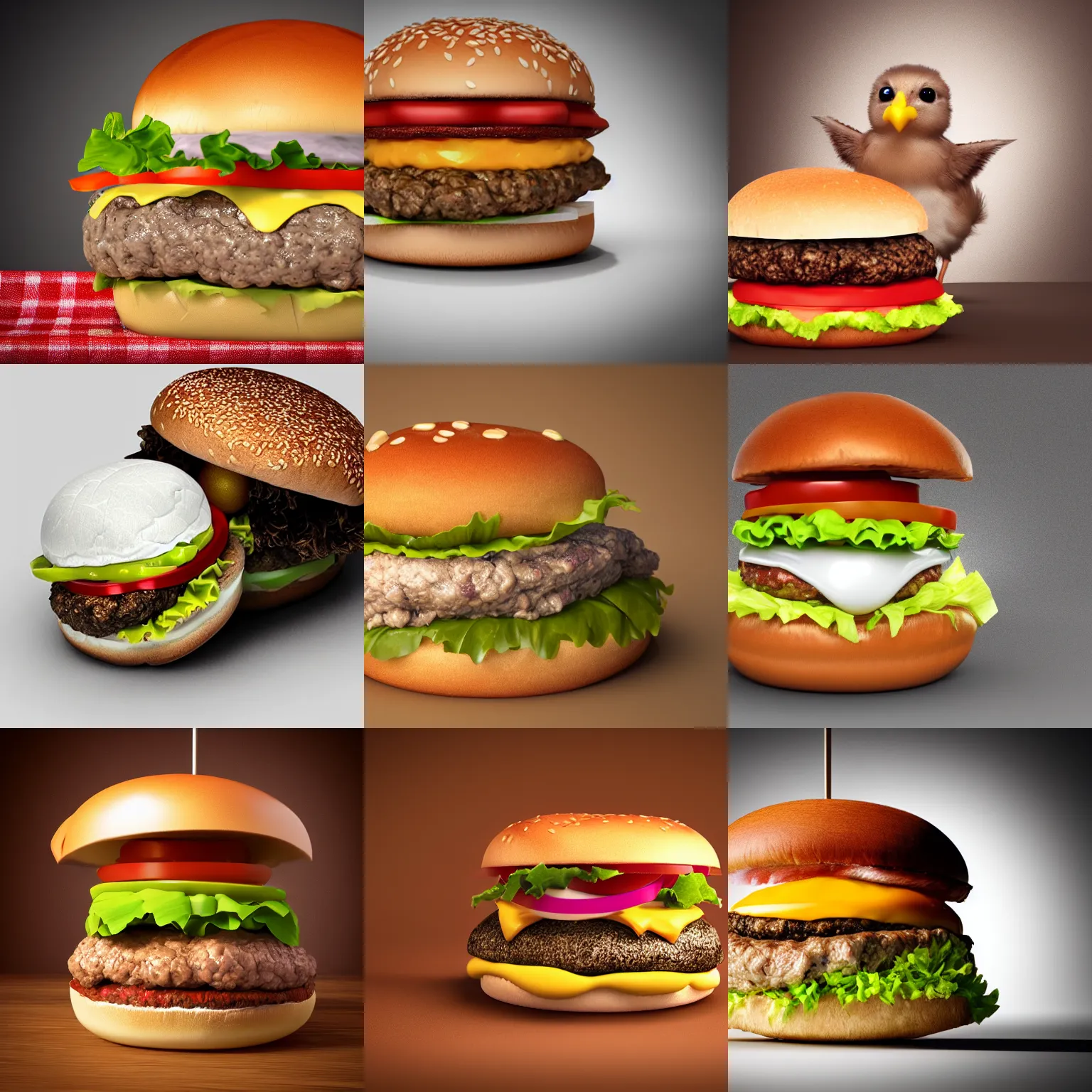 Prompt: a small chick animal on a hamburger, food photography, 3d render, studio lighting, highly detailed