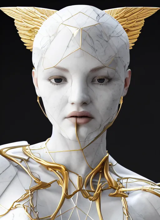 Image similar to a statue made of white marble with gold veins, of an beautiful gorgeous futuristic cybernetic angel girl, prostheses, transhumanism, full body shot, perfect symmetrical body, perfect symmetrical face, hyper realistic, hyper detailed, by johannen voss, by peter kemp, by monia merlo, by michelangelo, octane render, blender, 8 k