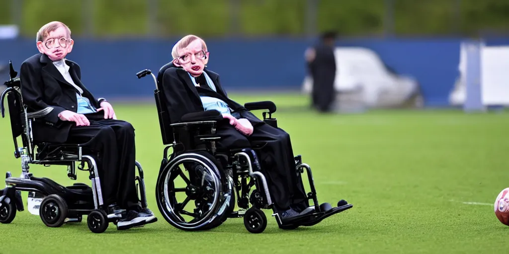 Image similar to stephen hawking is playing football, moving his wheelchair fast