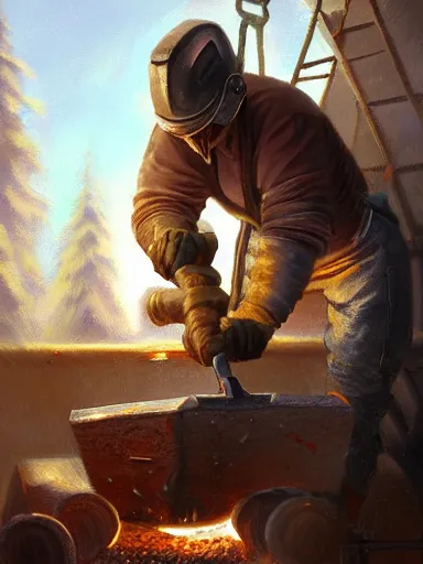 Image similar to a blacksmith striking a hammer in its anvil. working at his forge. intricate, elegant, highly detailed, digital painting, artstation, cinematic shot, concept art, sharp focus, illustration, by justin gerard and artgerm 8 k