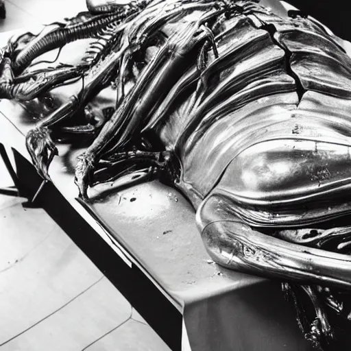 Prompt: dead alien lying on a metallic table. autopsy, black and white photo