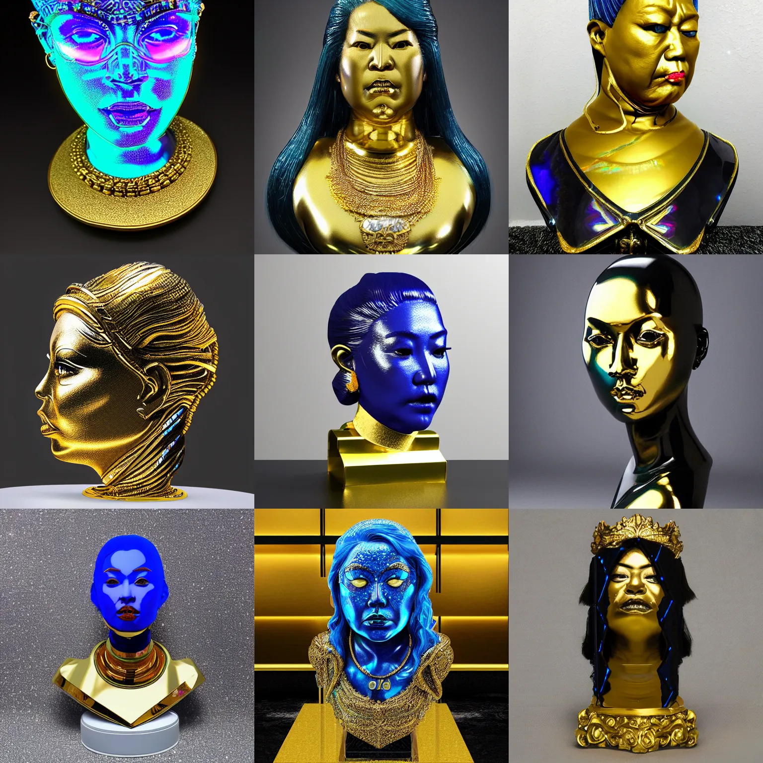 Prompt: intricate holographic realistic bust sculpture of futuristic digital obese angry singaporean feminine empress, stone and glass and gold, high contrast, blue and black, masterpiece