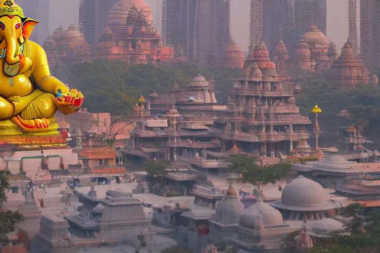 Prompt: beautiful futuristic new delhi, sharp sci - fi ganesha!! building, kalighat flowers, highly detailed cinematic, stephen shore & john j. park, soft morning light, wide shot, ground angle, uhd 8 k, shallow depth of field