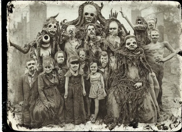 Prompt: vintage photograph monochrome plate, monstrous costomed family of ghastly people posing with grotesque lovecraftian god monsters, distressed old photo, deteriorating, grunge, antique, slight sepia tone, horror, madness
