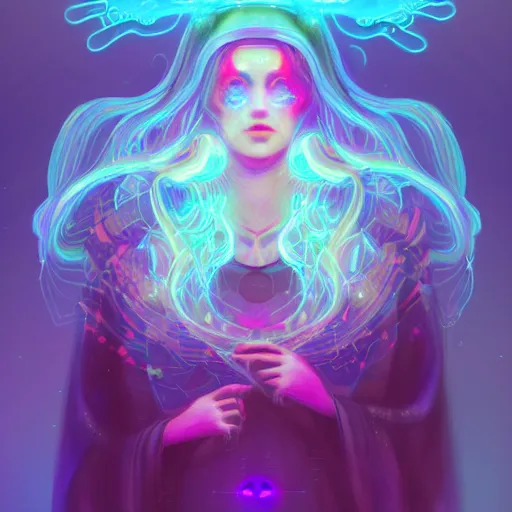 Image similar to intricate holographic quantum ghostwave entanglement goth girl made of microcircuitry and transistors in a glowing deap sea by peter mohrbacher and dan mumford, trending on artstation, cgsociety 4 k