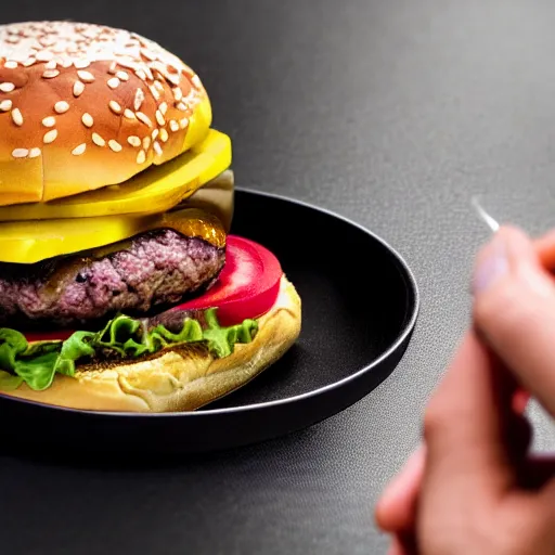 Prompt: a woman sewing human eyes onto a burger, 4 k, hyper realistic,