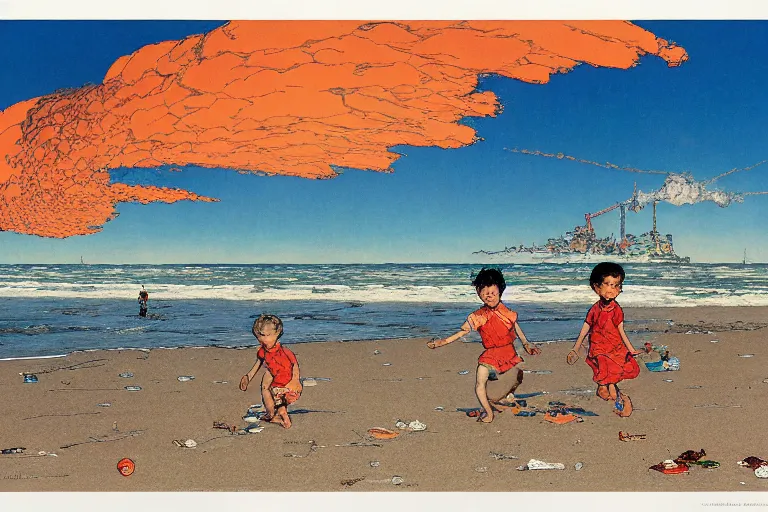 Prompt: children playing at empty beach, huge atomic explosion in the background, wide angle shot, oil on canvas by norman rockwell, by mattias adolfsson, by moebius and satoshi kon, hd, 4 k, high quality,