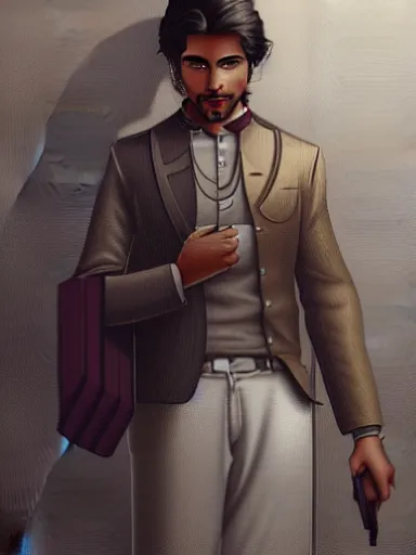 Image similar to artwork by Enjolras Delphin, of a solo individual portrait of an Indian guy with lilies, dapper, simple illustration, domestic, nostalgic, full of details, Matte painting, trending on artstation and unreal engine