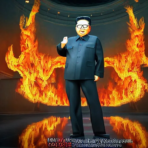 Image similar to full body pose, hyper - realistic photo of kim jong - il on parade in hell volumetric lighting, 8 k, octane perfectly detailed rendering, extremely hyper detailed, intricate, epic composition, cinematic lighting, masterpiece, trending artstation, very highly detailed, stunning, hdr, smooth, sharp focus, high resolution, award winning photo, dslr, 5 0 mm