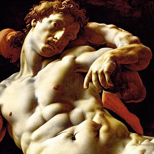 Image similar to high quality high detail painting michelangelo, david after killing giant goliath