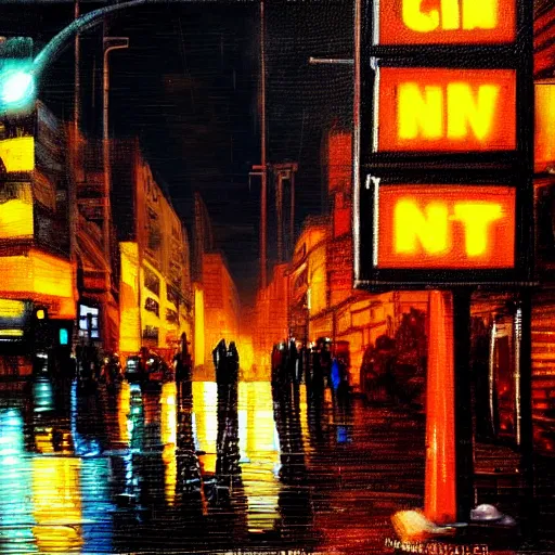 Prompt: city street at night on mars, cyberpunk, oil painting, rain, neon street signs,