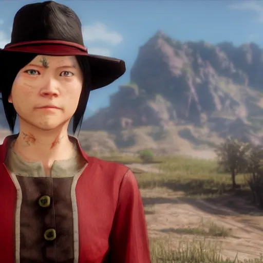 Image similar to toph beifong in red dead redemption 2, blind, character render, full body shot, highly detailed, in game render