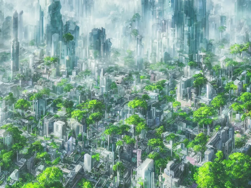 Image similar to futuristic city, lush vegetation, humid, early evening, diagonal view, geometric buildings, cloudy, beautiful, dull pastel colors, realistic, foggy, dreamy, nostalgic, bright, studio ghibli style