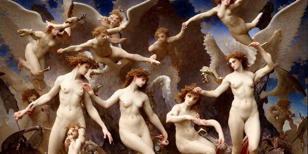 Image similar to 3 d rendered scene of the battle of angels and demons at the entrance to the fractal palace of cosmos painting by bouguereau made in unreal engine hyper realistic, beautiful face, symmetrical face, good and evil, scrollwork, silver leaf, magical, detailed intricate, heraldic design, atmosphere, beautiful, realistic, detailed