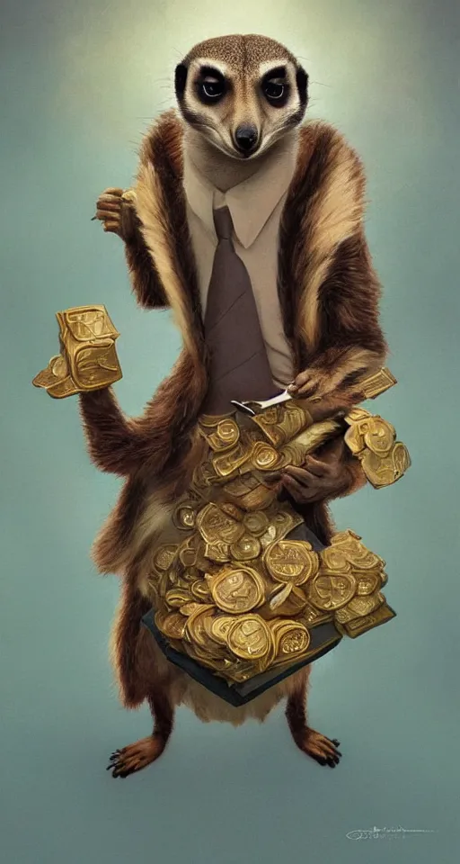 Image similar to a meerkat with suit as president of russia, pulp art, deep focus, turnaround, pulp art, fantasy, intricate, elegant, highly detailed, digital painting, artstation, concept art, matte, sharp focus, illustration, hearthstone, art by rhads and artgerm and greg rutkowski and alphonse mucha