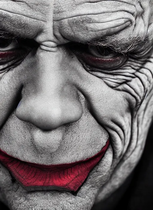 Image similar to photo of Hugo Weaving as the Joker by Lee Jeffries , big smile, head shot, detailed, award winning, Sony a7R