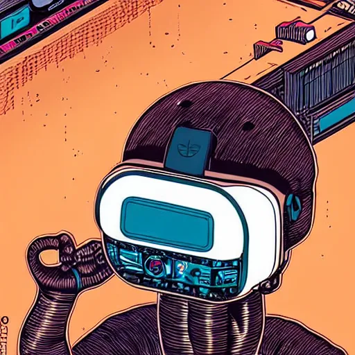 Image similar to Illustrated by Shepard Fairey and Moebius | Cyberpunk cute kitty with VR helmet, surrounded by cables