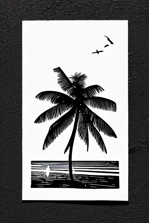 Prompt: a beautiful linocut print on paper of a beach with coconut palms 8 k, frostbite 3 engine, cryengine, dof, trending on artstation, digital art, crepuscular ray