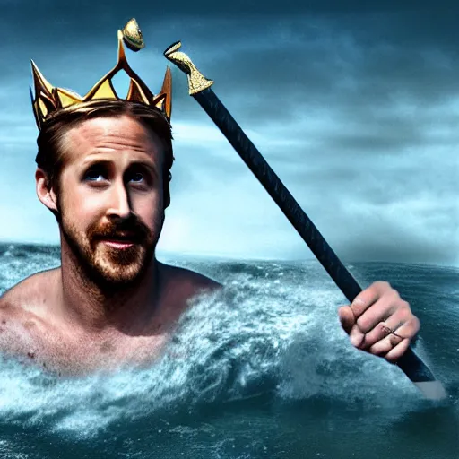 Image similar to screaming Ryan Gosling as Poseidon with trident and crown on head, the king of the sea, ready to fight, matte painting, dark colors