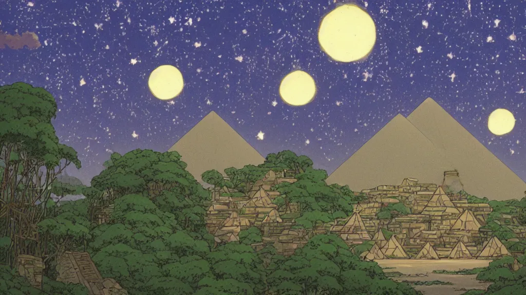 Prompt: a movie still from a studio ghibli film showing a mine runoff storage facility, and three pyramids, in the rainforest on a misty and starry night. by studio ghibli