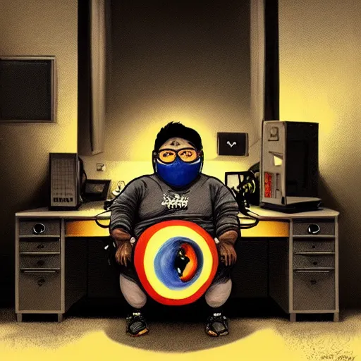 Image similar to an insanely detailed painting of a chubby nerdy asian man wearing a homemade superhero costume and mask, sitting at a computer desk typing on the keyboard, in the style of peter mohrbacher, dramatic lighting and composition, trending on artstation, concept art, comic book, graphic novel, back view