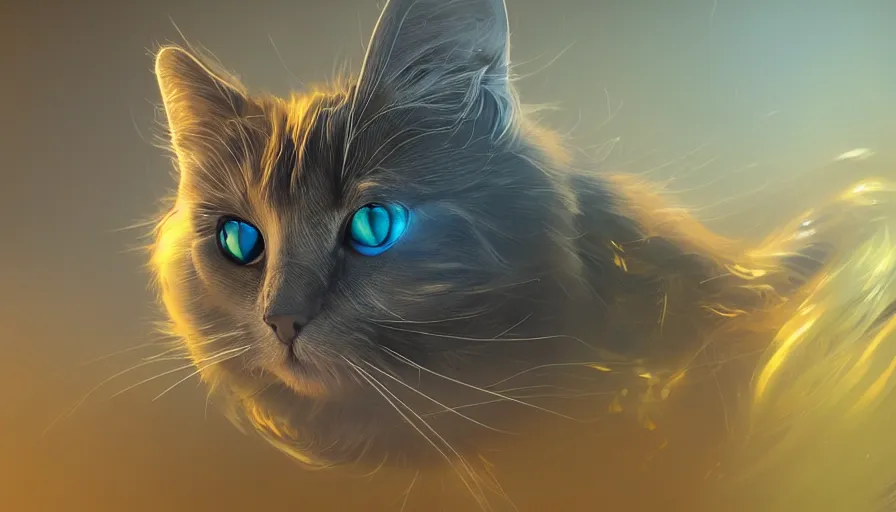 Image similar to liquid gold cat, light reflection, realistic, blue eyes, hyperdetailed, artstation, cgsociety, 8 k