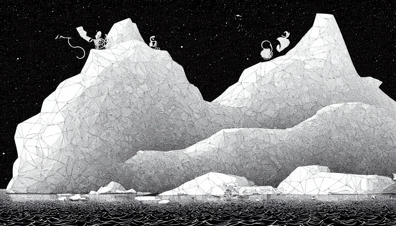 Prompt: iceberg by nicolas delort, moebius, victo ngai, josan gonzalez, kilian eng