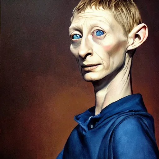 Image similar to ultra realistic portrait painting of tilda swinton as dobby, art by frank frazetta, 4 k, ultra realistic, highly detailed, epic lighting