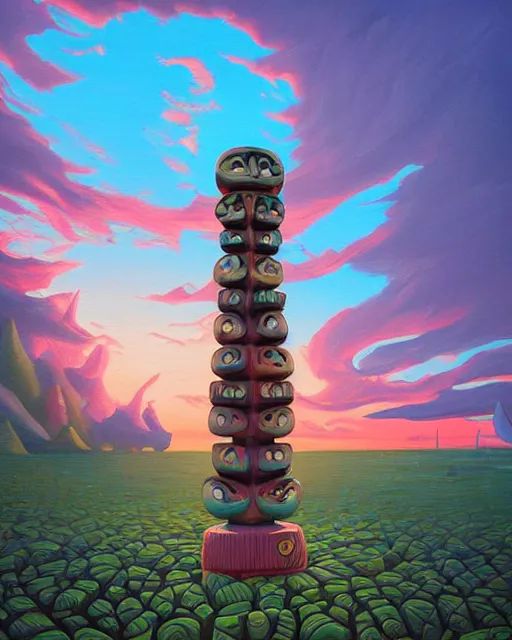 Image similar to a painting of a tribal tiki hut with a totem pole, a surrealist painting by Naoto Hattori, close up, sunset, by Beeple, symmetry, by Makoto Shinkai and Lois van baarle, trending on deviantart, pop surrealism, lowbrow,, whimsical