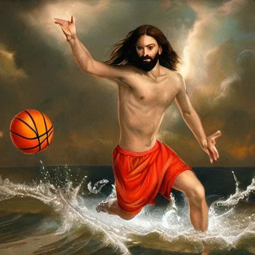 Image similar to A photo of jesus playing basketball while running on water in heaven.