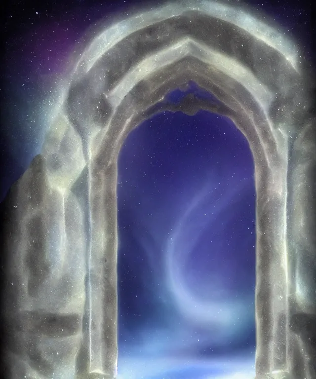 Prompt: stone archway, aurora borealis, portal, mysticism, photorealistic, fog