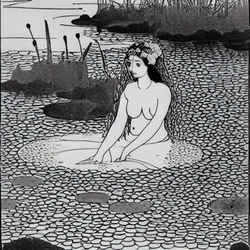 Image similar to A girl bathes in a lake where water lilies are floating, lithography by Aubrey Beardsley, High definition, detailed,