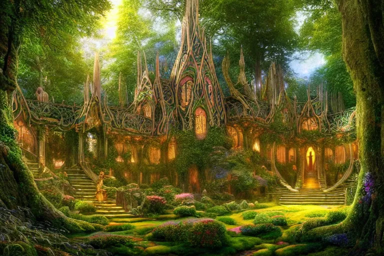 Prompt: a beautiful and highly detailed digital painting of an elven palace in a beautiful garden in a mystical forest, lothlorien, psychedelic patterns, celtic designs, intricate details, epic scale, hyperdetailed, hyperrealism,, artstation, cgsociety, 8 k, sharp focus, by caspar friedrich, albert bierstadt, james gurney, brian froud,