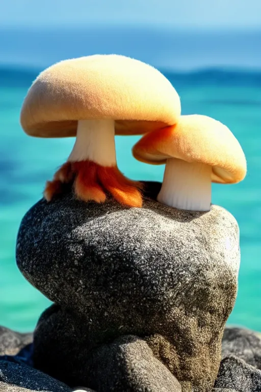 Image similar to fluffy anthropomorphic mushroom sitting on a rock in the ocean