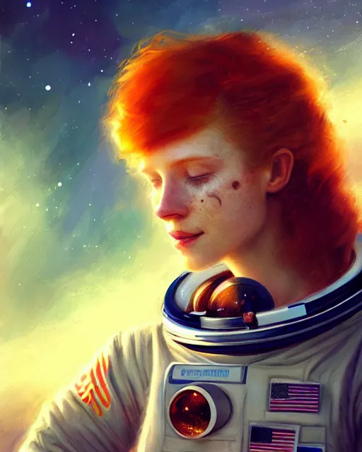 Prompt: female astronaut, perfect face, ginger hair, cinematic, freckles, stunning, athletic, strong, agile, highly detailed, psychedelic, digital painting, artstation, smooth, hard focus, illustration, art by jessica rossier and and brian froud