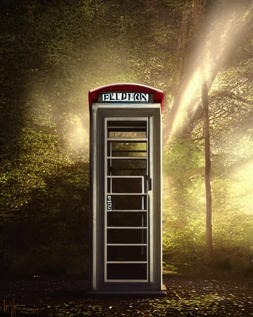 Image similar to bill and ted phone booth in the woods, hyper realism, cinematic, volumetric lighting, octane render, unreal engine, 8 k, concept art, digital art, deviantart artstation,