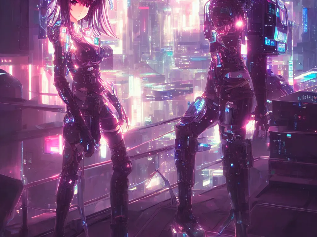 Image similar to anime visual of portrait futuristic cyber warrior girl, in future cyberpunk tokyo rooftop, ssci - fi, fantasy, intricate, very very beautiful, elegant, neon light, highly detailed, digital painting, artstation, concept art, smooth, sharp focus, illustration, art by artgerm and wlop and tian zi and alphonse mucha